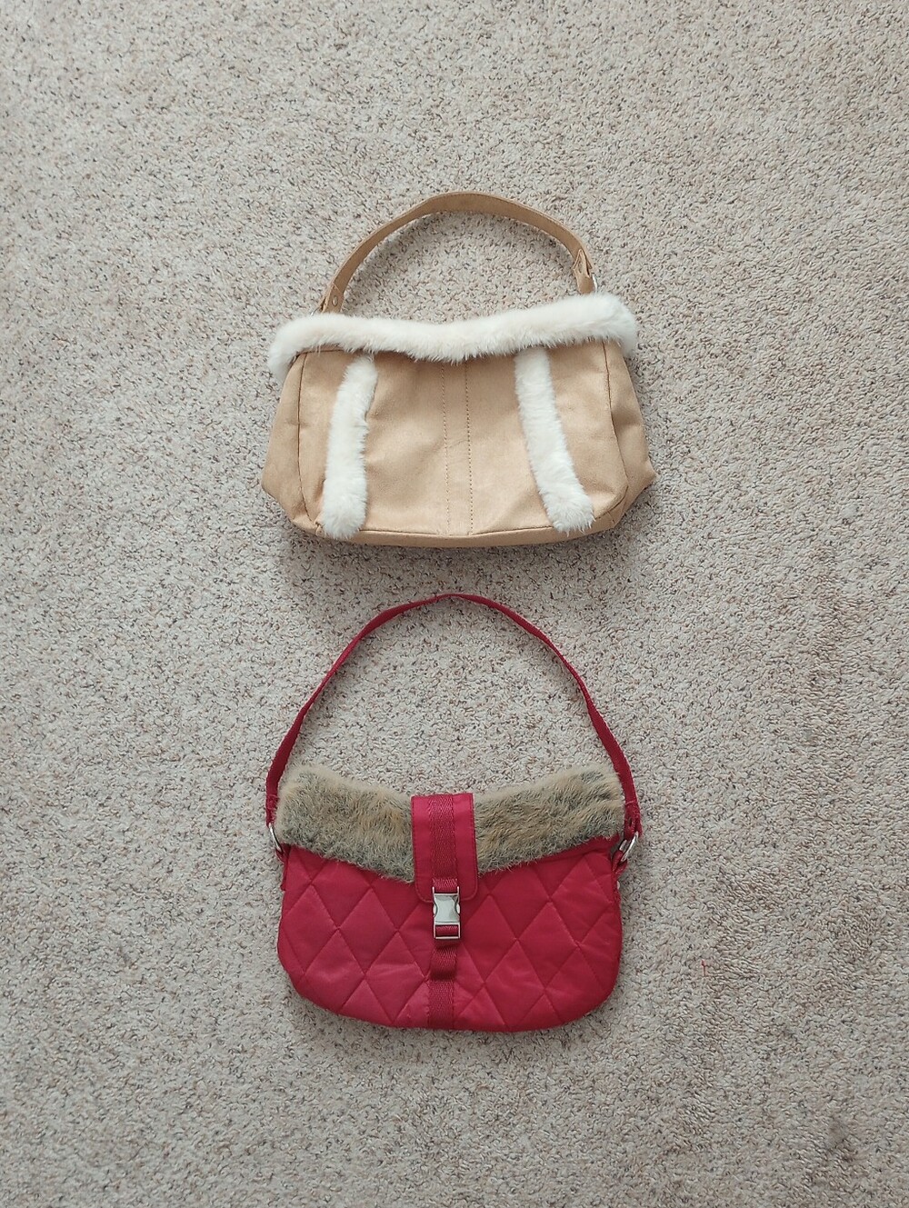 2 Bath & Body Works Purses Tan Suede And Red Fur Trim Small Bags